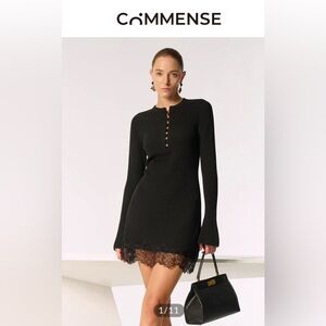 Commense NWT Wool Blend Lace Hem Gold Button Mini Dress